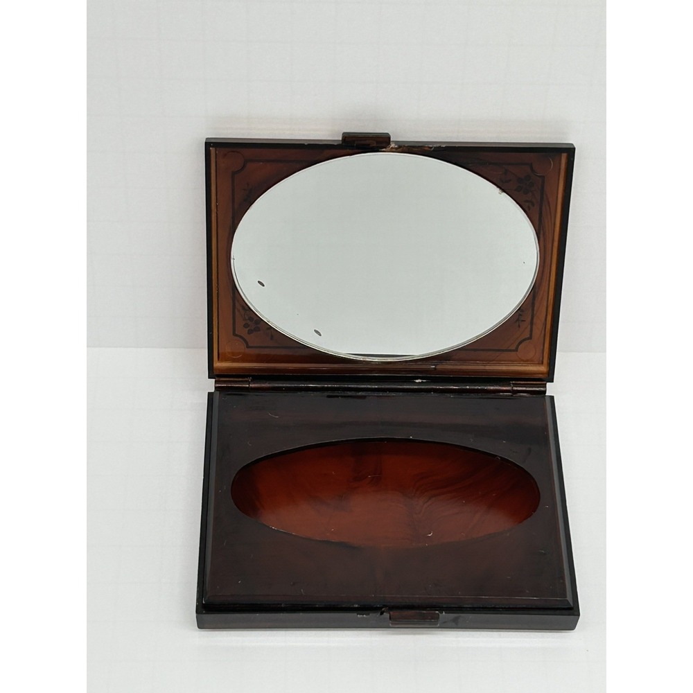 Vintage compact, mirrored, lucite, faux tortoise shell hinged box tissue box
